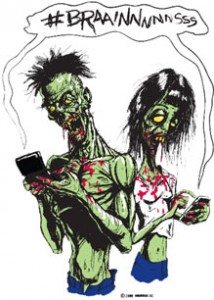 A zombie and a zombie with a cell phone in their hands.