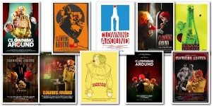 A collection of movie posters with clowns on them.