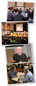 A collage of pictures of people at a conference.
