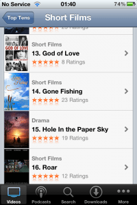 A screen showing the top 10 short films on ios.