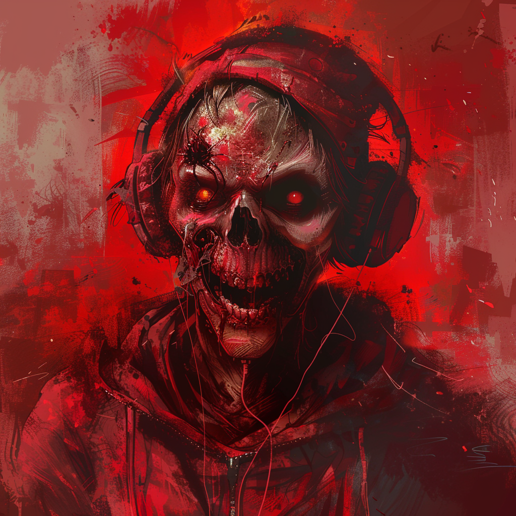 A detailed illustration of a sinister skull wearing a hoodie and headphones, set against a dark, red background. The scene exudes a haunting, eerie atmosphere.