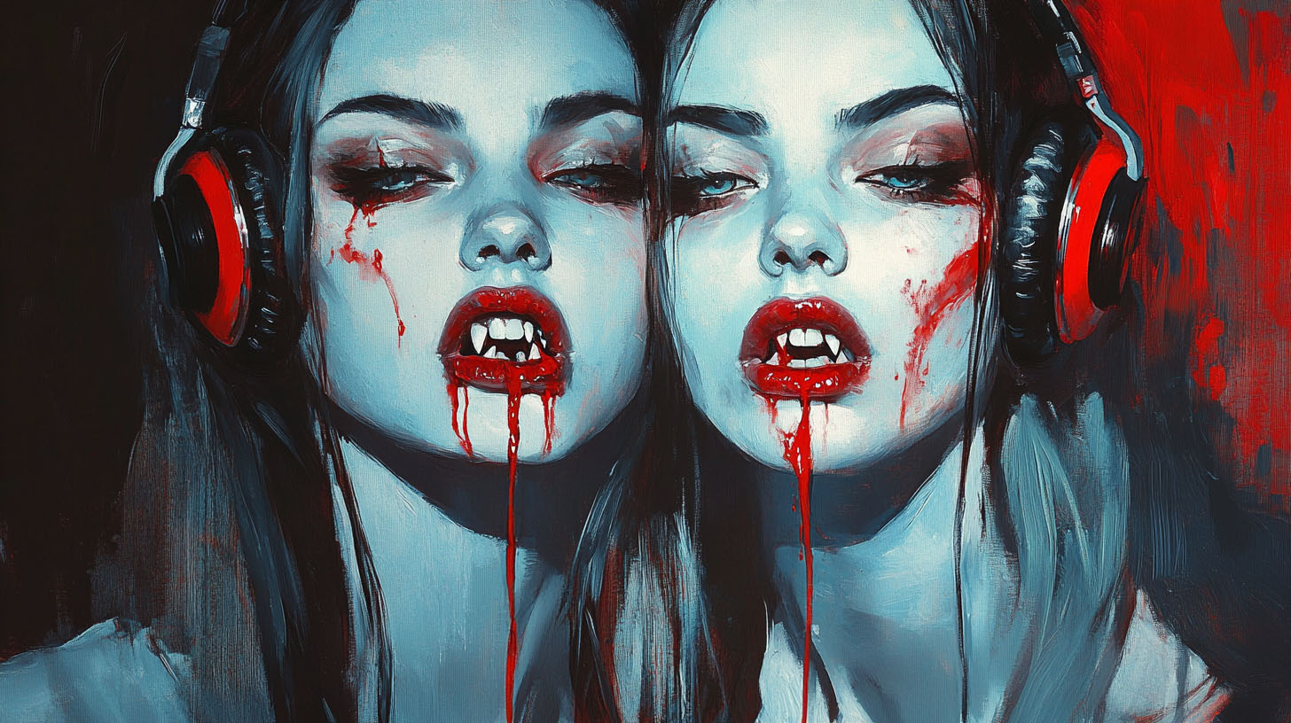 Two pale, fanged figures wearing headphones with blood dripping from their mouths, depicted in a vivid, surrealist style.